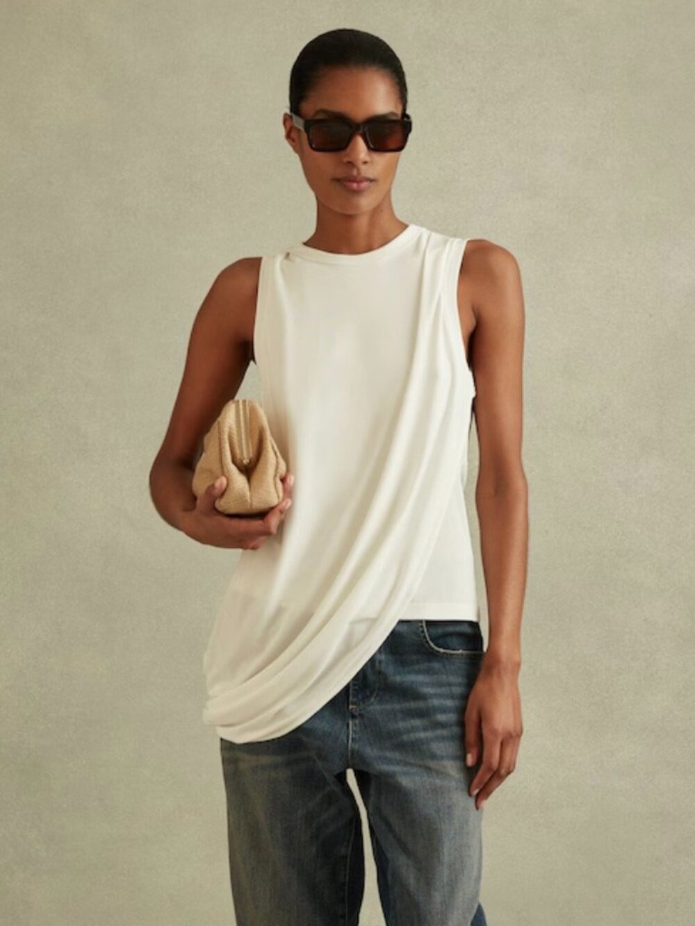 REISS Elva Draped Sleeveless Top Ivory Asymmetric Designer Blouse NWT Quiet Lux